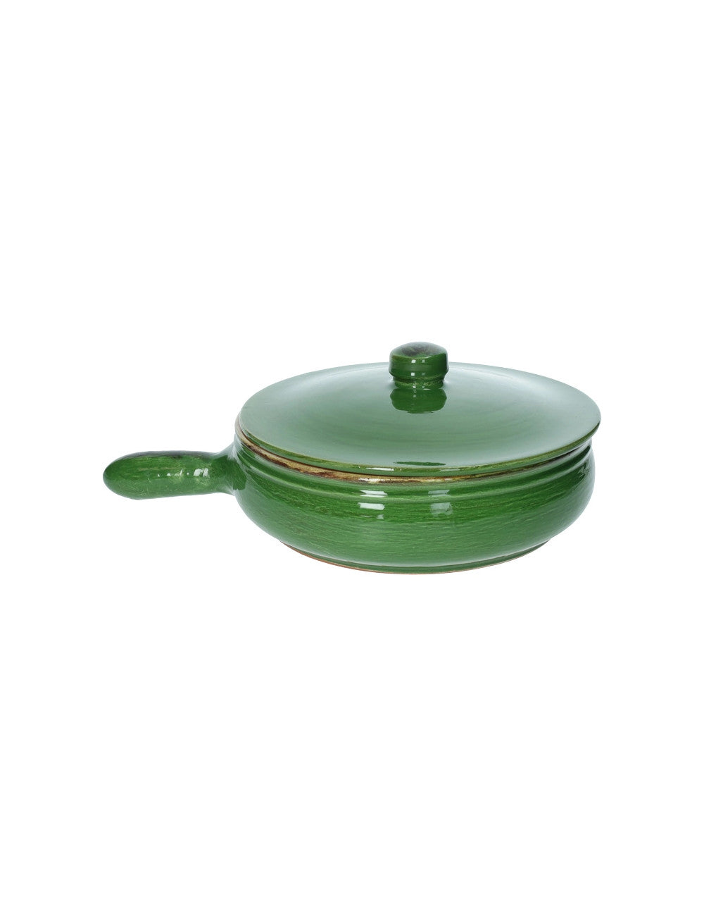 Tegame basso verde un manico con coperchio terracotta da fuoco